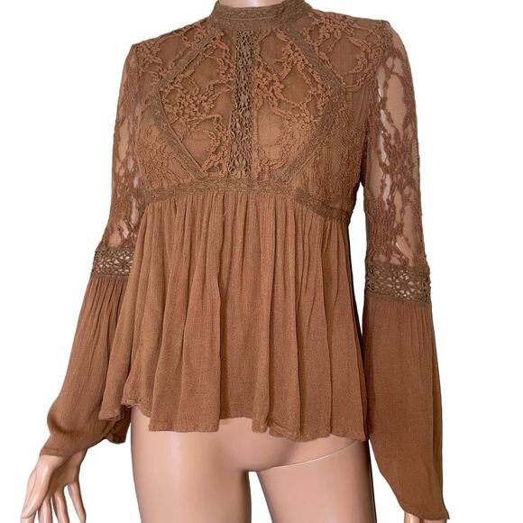 American Eagletop/blouse Brown Lace Blouse Fit & Flare XS flowy BOHO lace arm - Picture 2 of 9